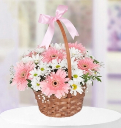 gönlüm sende Çiçeği & Ürünü Sepette Pembe Gerbera ve Papatlayar 