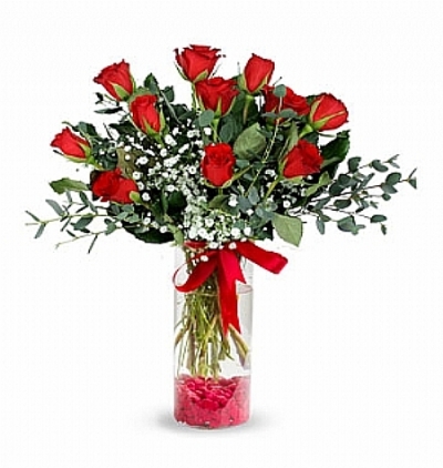 Şefaf camda 15 kırmızı gül Çiçeği & Ürünü cam vazoda 15 adet kırmızı gül 