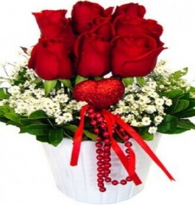 sevimli ayıcık ve kır Çiçekleri Çiçeği & Ürünü Beyaz Seramikte 9 Kırmızı Gül 