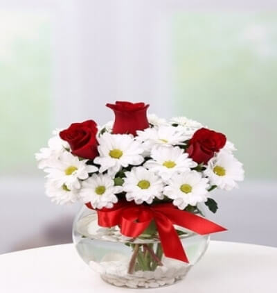 kalp vazoda mis kokulu lilyumlar Çiçeği & Ürünü 3 Kırmızı Gül ve Papatyalar 