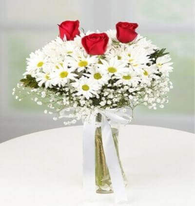 10 kırmızı gül buketi Çiçeği & Ürünü Vazoda Papatyalar ve Güller 