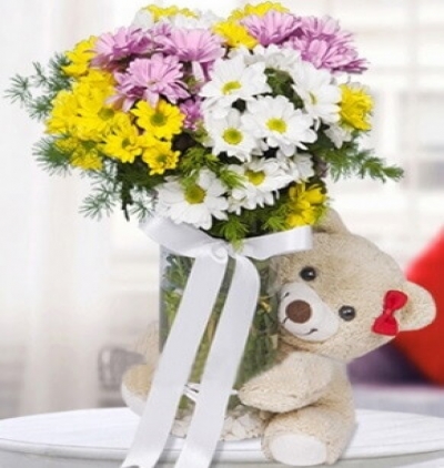 vazoda papatyalar ve güller Çiçeği & Ürünü Sevimli Ayıcık ve Kır Çiçekleri 
