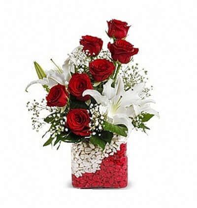 kırmızı gül aranjmanı Çiçeği & Ürünü Kırmızı Beyaz Süpriz 