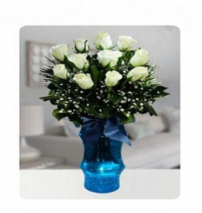cam vazoda 25 gül Çiçeği & Ürünü Deniz ve Beyaz Güller 